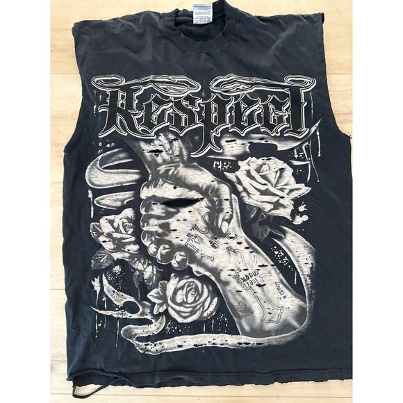 VTG Cholo Style Graphic Muscle Tee Respect Tattoo Roses Punk Grunge Y2K Alt 2XT - Picture 2 of 4
